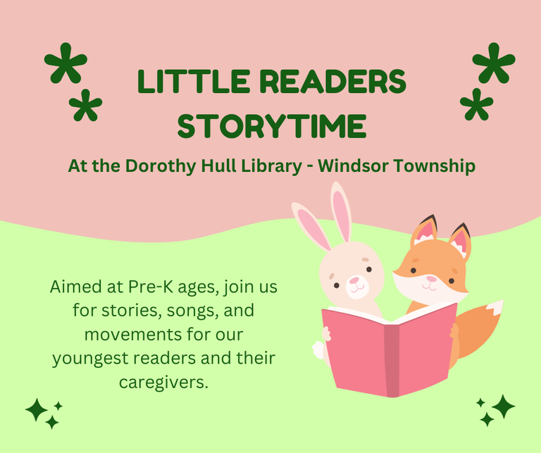 Promo graphic with cartoon animals and description of Little Readers Storytime