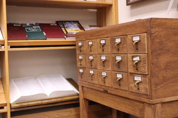 An old wood card catalog that is our seed library