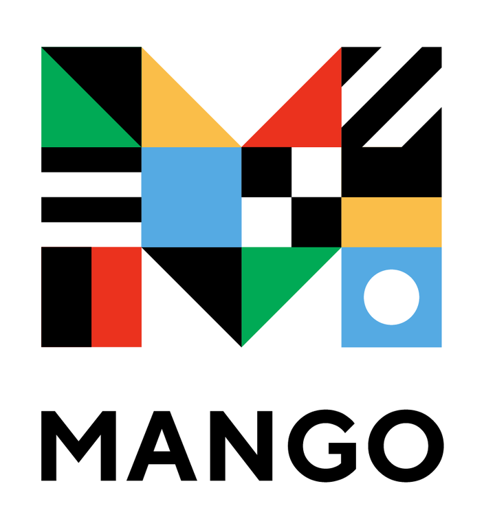 letter M inset with colorful flags, word mango below